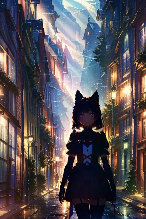 anime girl walking down a street at night with a cat on her head