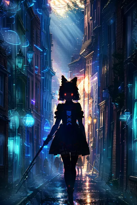 anime girl walking down a street with a cat mask on