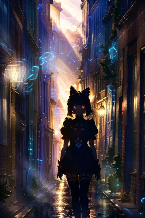 anime girl walking down a street in the rain with a cat head