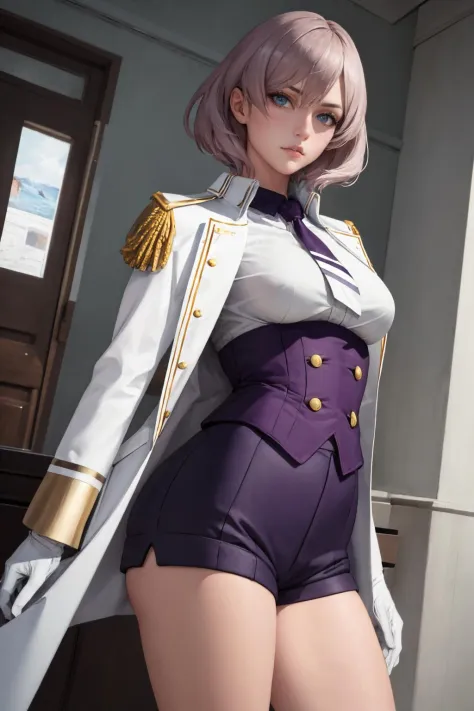 (masterpiece, best quality:1.2), solo, 1girl, mujina, expressionless, looking at viewer, white jacket, military jacket, underbust, necktie, corset, white gloves, purple shorts 