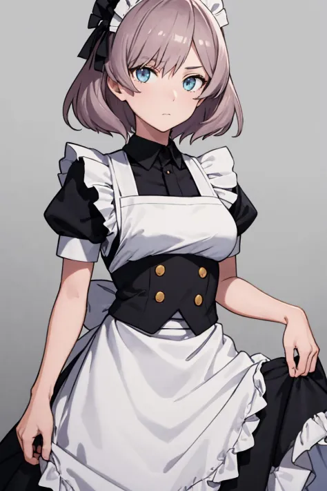 (masterpiece, best quality:1.2), solo, 1girl, mujina, expressionless, looking at viewer, maid headdress, maid, black dress, apron, puffy sleeves 