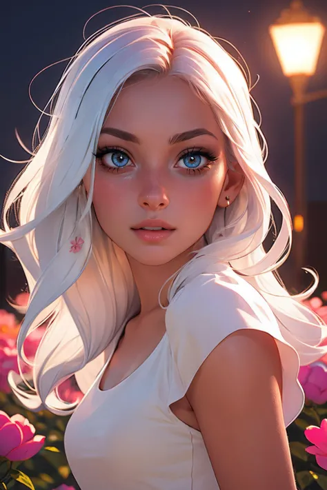 (best quality, realistic:1.2), ultra-detailed, professional, vivid colors, portrait, beautiful detailed eyes, beautiful detailed lips, long eyelashes, flowing white hair, seductive pose, purple glowing eyes, fashionable crop top, flowing skirt, soft parted lips, natural blush, night scene, blooming flowers, warm sunlight