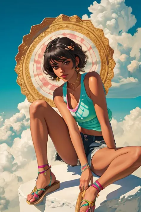 portrait of 1girl solo, Comb-Over Fade with Hard Part, Festival Hippie: Fringe vest, tie-dye tank top, shorts, and sandals.
Celestial Palace in the Clouds,
masterpiece, immaculate, highly detailed, detailed,