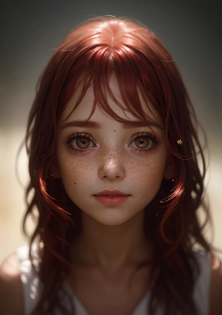 (best quality, high-quality, masterpiece:1.2, portrait, 4k full HD, half body photo) of (young girl), (redhead girl, pale skin, freckles, long hair, light smile, blushing), (beautiful girl:1.4, cute face), (most detailed photography, HD wallpaper), (ecstasy of light and shadow, volumetric light and shadows:1.2), (contest winner photo by lee jeffries, Greg Rutkowski and Magali Villanueva)