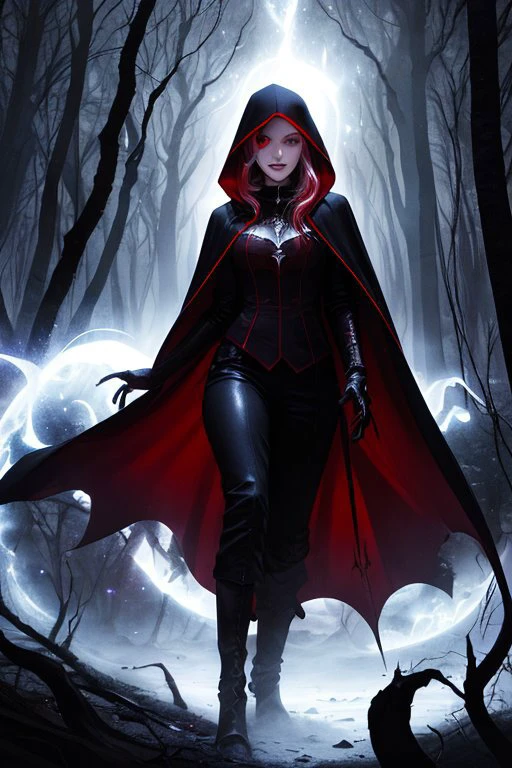 Style-GravityMagic,  solo, (full body:0.6), looking at viewer, detailed background, detailed face, (high fantasy medieval theme:1.1) vampire, piercing gaze,  pale skin, vampire fangs, flowing vampire clothes, hooded,     dark expression,     magical red glow,   forest in background,    contrast,  shadows, mysterious atmosphere,