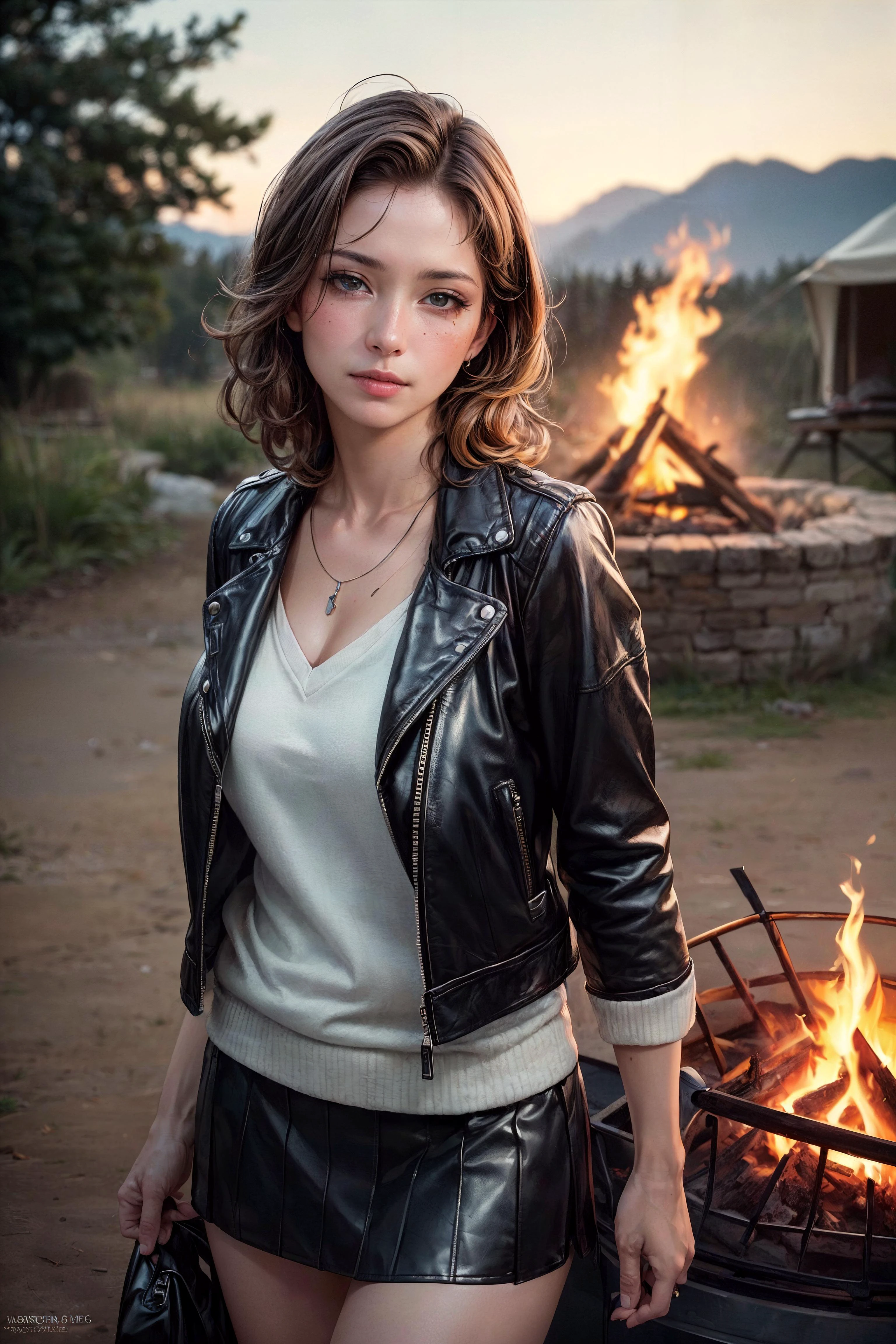 (photorealistic:1.4), (extremely delicate), (ultra realistic:1.3), (cowboy shot:1.2), (modelshoot style), hyperrealistic photography, extremely detailed CG unity 8k wallpaper, UHD, HDR, RAW photo, dslr, 
(1girl, 1person), (insanely detailed and intricate, hyperrealistic, upper body portrait), an (Delightful European (female in her early forties with a Lean body):1.3), (finger waves hairstyle), (natural colored eyes:1.15), (wearing Leather jacket and skirt:1.4), (Rustic campsite with crackling fire pit:1.225), (imperfect skin, (extremely detailed skin,beauty marks:1.25)), bloom, Bokeh, Cinematic, film grain, ray tracing reflections, chromatic aberration, hypermaximalist, elegant, hyper realistic, super detailed, (photographed on a Canon 5D Mark II with Canon MPE65 lens, 1/125th, f/13, ISO 100),
art by bong joon-ho,