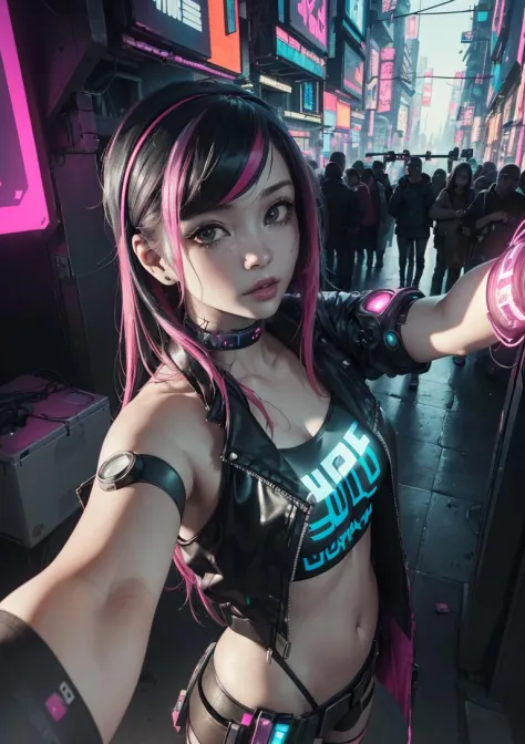 analog style, model shoot style, photo ((selfie:1.8)) of a girl, 1girl, (cyberpunk:1.8, cyberpunk city background:1.8), ((cutest...