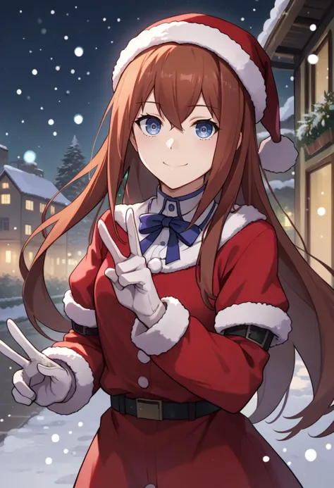 score_9, score_8_up, score_7_up, source_anime, christmas, solo, 1girl, makise kurisu, smile, looking at viewer, v, fur trim, red...