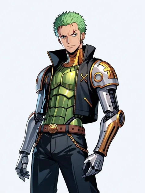 a man in armor with green hair and a green jacket