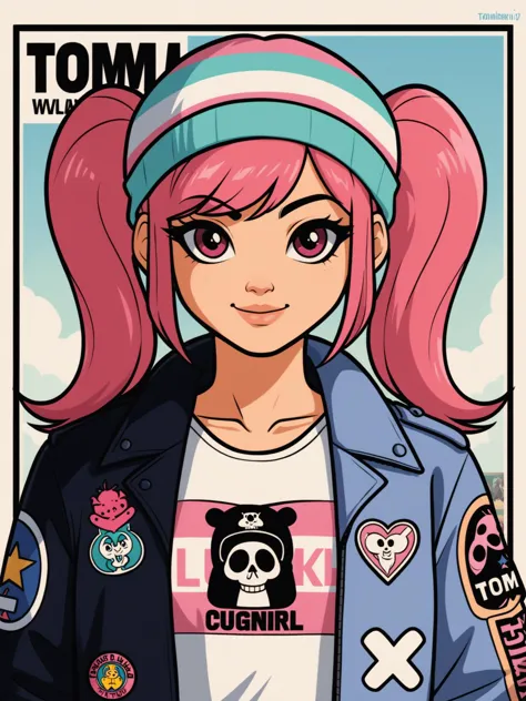 a cartoon girl with pink hair and a blue jacket