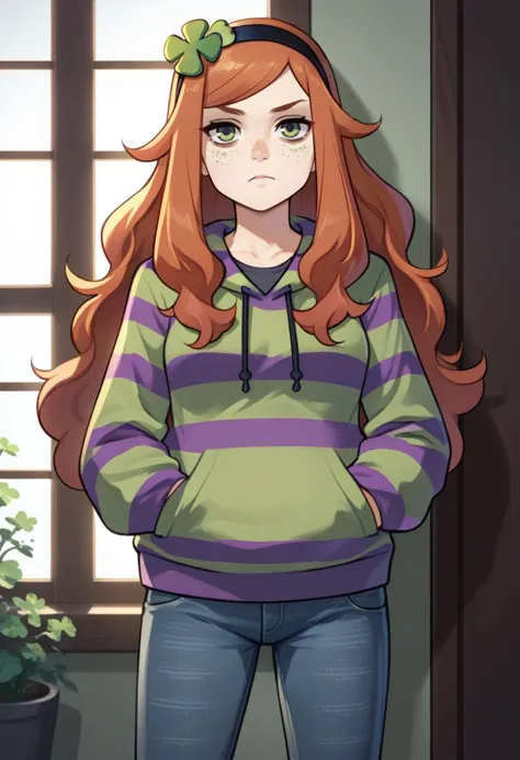 score_9, score_8_up, score_7_up, source_anime, 1girl, vivianjames, expressionless, looking at viewer, standing, hands in pockets, freckles, four-leaf clover hair ornament, hairband, striped hoodie, jeans, bedroom <lora:4chan_vivianjames_ponyXL:1>