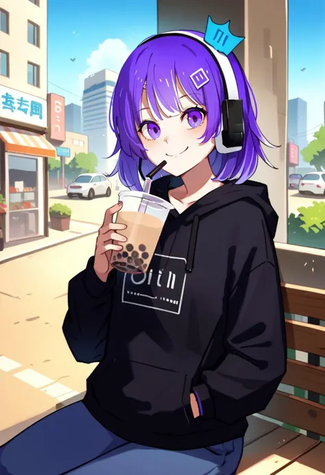 anime girl with purple hair sitting on a bench with a drink