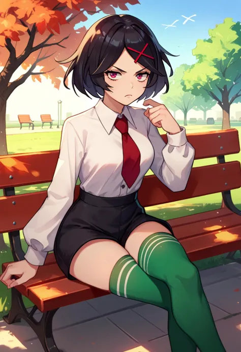 score_9, score_8_up, score_7_up, source_anime, solo, 1girl, rcgmisako, unamused, looking at viewer, sitting, crossed legs, park ...