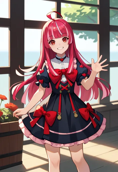 score_9, score_8_up, score_7_up, source_anime, solo, 1girl, kureijiolivia, smile, looking at viewer, standing, waving, long hair, multicolored hair, red hair, pink hair, blunt bangs, ahoge, red eyes, black dress, red bow, puffy short sleeves, indoors <lora:hololive_kureijiollie_ponyXL:1>