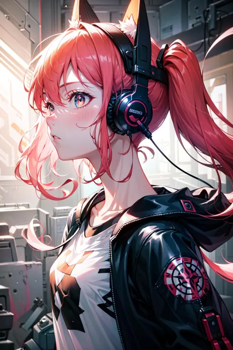 masterpiece, best quality, colorful, a teenager with pink|black pigtails wearing a detailed leather jacket and anime tee-shirt t...