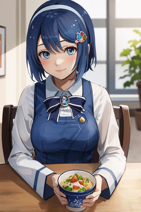 anime girl with blue hair holding a bowl of food