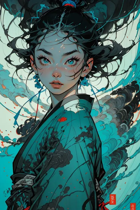 (Horrifying Painting:1.3) of (Graphic novel:1.3) A photo of a girl OverallDetail, samurai, kimono, japanese legend, asian <lora:Unleashed_V1.5_prunned:2.05>, colorful, clouds, fire,,(Blue hue:1.3), shiny, shiny hair, shiny skin, shiny clothes, masterpiece, extreme details, detailed, focus, masterpiece, realistic, photorealistic, 4k, 8k, 16k, highres