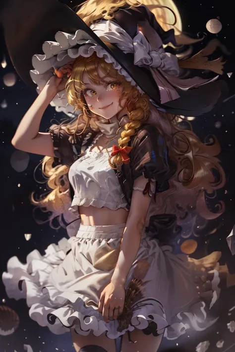 ((obra de arte,melhor qualidade)), absurdos,, Kirisame_Marisa_Touhou,   1 garota, cabelo loiro, kirisame marisa, Sozinho, cabelo longo, Trança, arco, black witch tem, olhos amarelos, single Trança, hair arco, Saia preta, apron,  Sozinho, sorridente, Olhando para o visualizador, tiro de vaqueiro, lua cheia, lua grande kirisame_marisa_touhou, kirisame marisa, Trança, arco, tem, witch tem, single Trança, Olhando para o visualizador, corar 