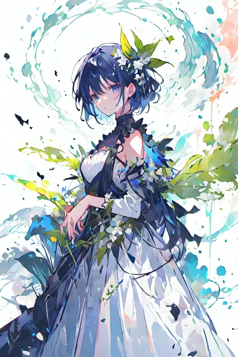 anime girl in a white dress with a bouquet of flowers