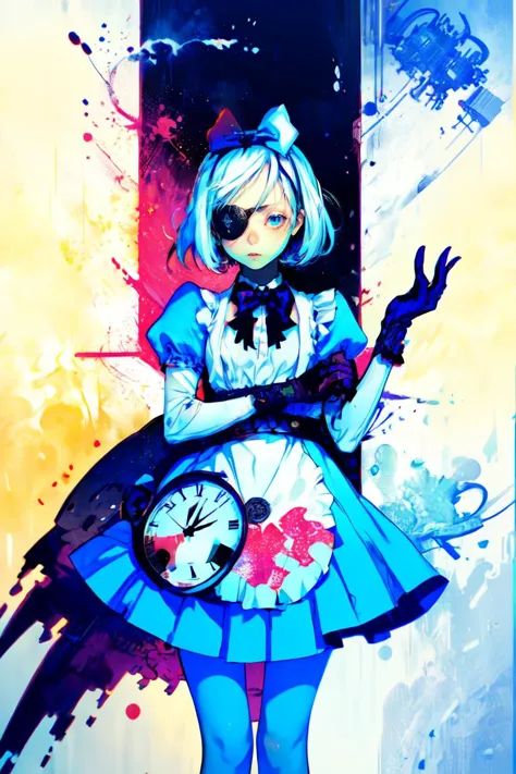 (masterpiece, best quality, ultra detailed), alice in wonderland, (selective color bow, blue and white:1.2), 1girl, solo, cowboy...