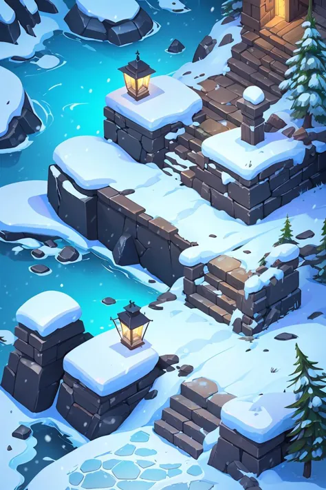 a cartoon illustration of a snowy landscape with a small bridge