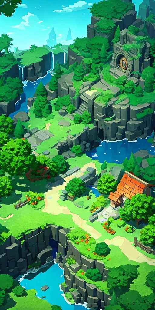 concept art, top-down terrain, game scene, landscape, water, outdoors, tree, sky, from_above, no_humans, building, fantasy, house, plant, overgrown, low saturation color