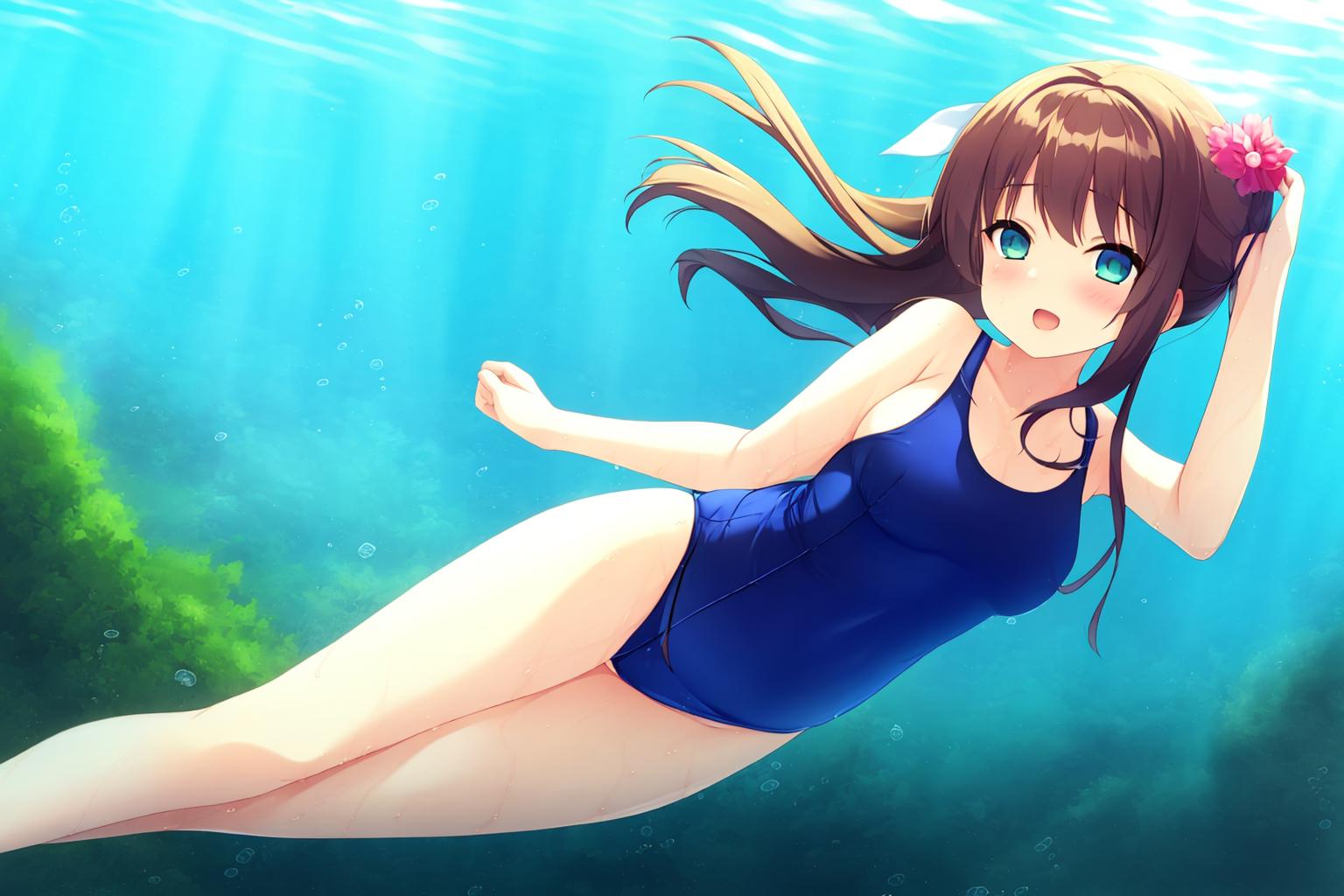 Anime girl swimming underwater with fish and corals - SeaArt AI