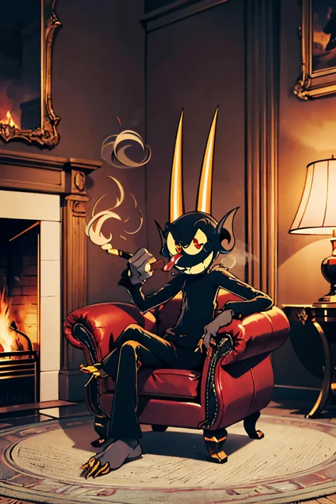 the devil \(cuphead\) ,yellow sclera, red eyes, red nose, demon, horns, claws, black fur, fewer digits, demon tail, looking at viewer, evil grin, 
sitting, on leather chair, inside smoke lounge, fireplace, smoking a large cigar, extreme detail, masterpiece,  <lora:loracupheaddevilv4:.8>