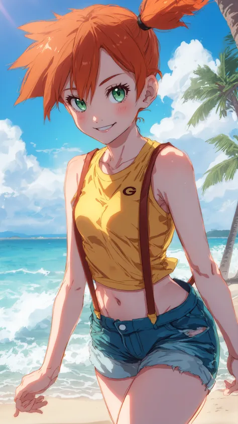 outdoors,ocean,beach,tree,clouds,shore,masterpiece,anime screenshot,1girl,solo,misty,green eyes,orange hair,side ponytail,smilin...