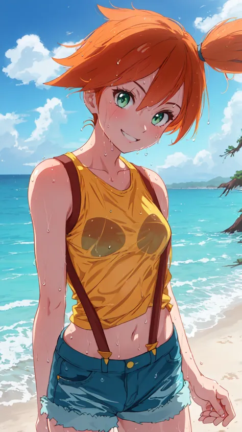 outdoors,ocean,beach,tree,clouds,shore,masterpiece,anime screenshot,1girl,solo,misty,green eyes,orange hair,side ponytail,smiling,yellow shirt,sleeveless shirt,denim shorts,suspenders,midriff,groin,groin tendon,wet,wet shirt,close-up,<lora:MistyV2-0000111:0.8>,misty \(pokemon\),