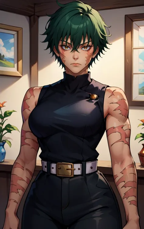 a woman with green hair and a black top standing in a room