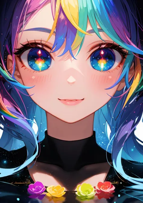 half body illustration of a (beautiful little girl), (cute poses), (rainbow color hair, colorful hair, long hair, galaxy reflect...