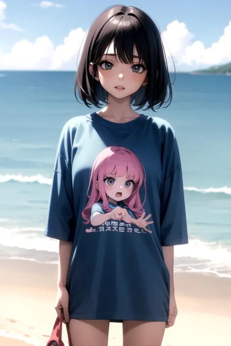 1girl, t-shirt, beach, cartoon print,, masterpiece, best quality, highly detailed