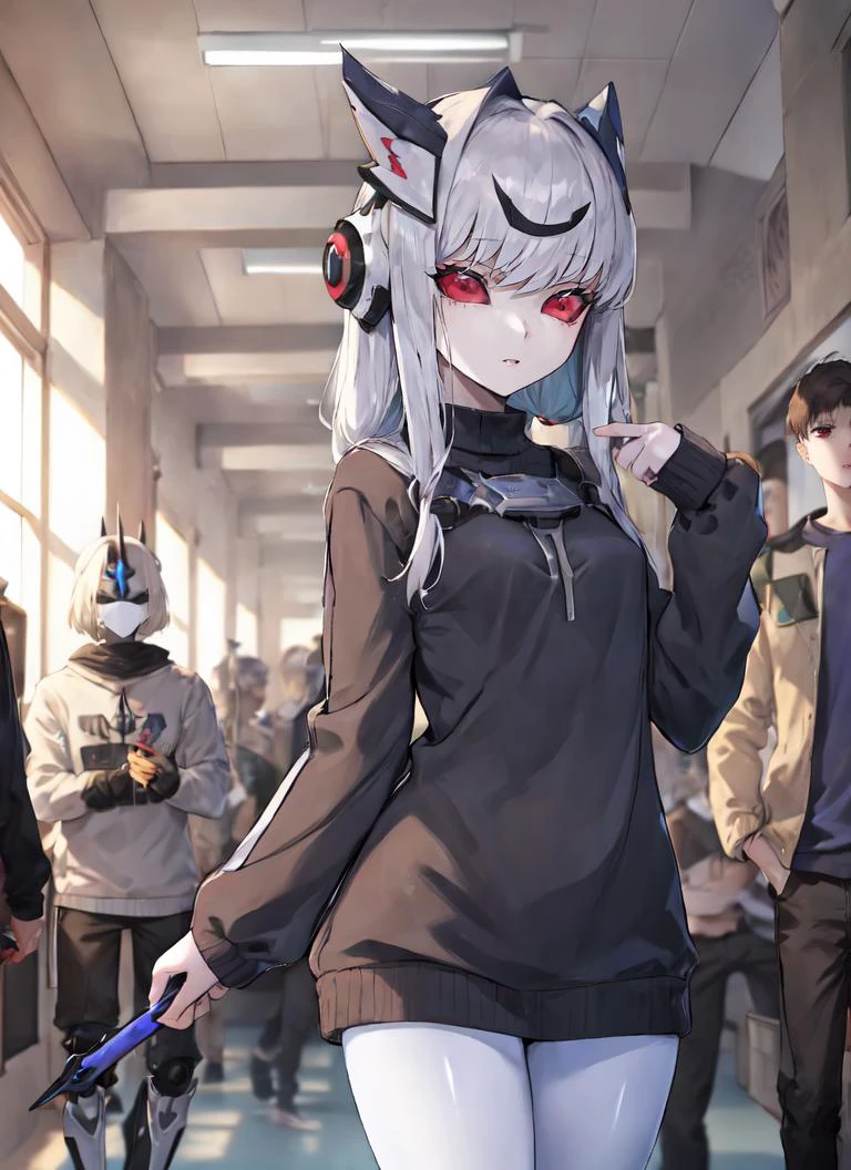 ((best quality)), ((highly detailed)), masterpiece, absurdres, detailed face, beautiful face, (detailed eyes, deep eyes), (1girl), fisheye lense, dynamic pose, cowboy shot, oversized clothes, oversized sweater, long sleeves, sleeves past wrists, ((robot_girl)), robot limbs, robot body, (iridium_(material)), mechanization, (metallic skin:1.33), lights, LEDs, wires, cables, shiny skin, robot joints, (metal hair:1.3), (horned helmet, covered face, mask, hidden face, Burgundy eyes, solid eyes, colored sclerae, medium breasts, holding a sword, (inside, school hallway, BREAK (((multiple boys,multiple girls))))