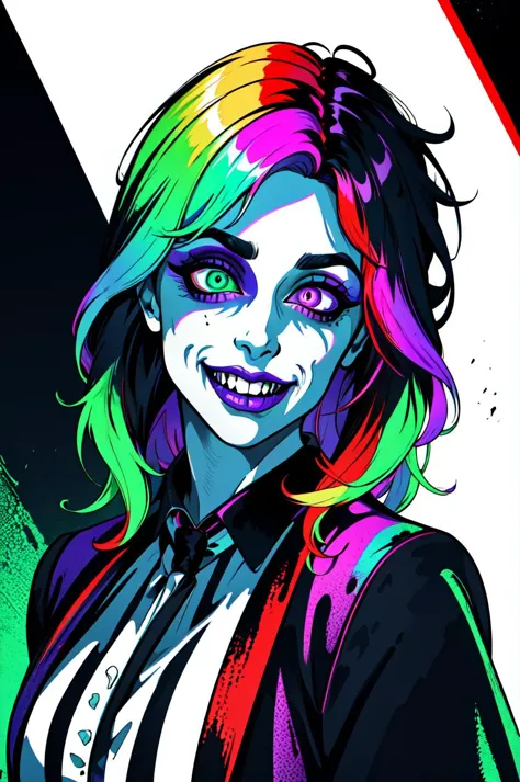 official art, 1 girl, solo, large breasts, (poltergeist, fantasy scene, demon), (demonic, semi realistic, demonic, shiny skin, textured skin),holographic eyes, heterochromia, purple eyes, striped jacket,striped shirt, two tone hair, streaked hair, multicolored hair, red hair, green hair, wild hair, evil scene,teeth, side lighting, ray tracing, depth of field, solo, extreme light and shadow, masterpiece, post apocalyptic, sexy, beautiful , scary, rich in detail,(detailed eyes), (handsome) detailed, (dirt splotches), (horror theme), (beetlejuice), detailed eyes,(straight-on),(masterpiece), (best quality), (ultra-detailed), (best illustration),(best shadow),rim lighting, beetlejuice, ((Beetlejuice)), crazy grin, crazy expression,