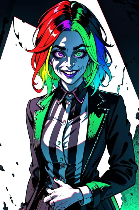 official art, 1 girl, solo, large breasts, (poltergeist, fantasy scene, demon), (demonic, semi realistic, demonic, shiny skin, textured skin),holographic eyes, heterochromia, purple eyes, striped jacket,striped shirt, two tone hair, streaked hair, multicolored hair, red hair, green hair, wild hair, evil scene,teeth, side lighting, ray tracing, depth of field, solo, extreme light and shadow, masterpiece, post apocalyptic, sexy, beautiful , scary, rich in detail,(detailed eyes), (handsome) detailed, (dirt splotches), (horror theme), (beetlejuice), detailed eyes,(straight-on),(masterpiece), (best quality), (ultra-detailed), (best illustration),(best shadow),rim lighting, beetlejuice, ((Beetlejuice)), crazy grin, crazy expression,