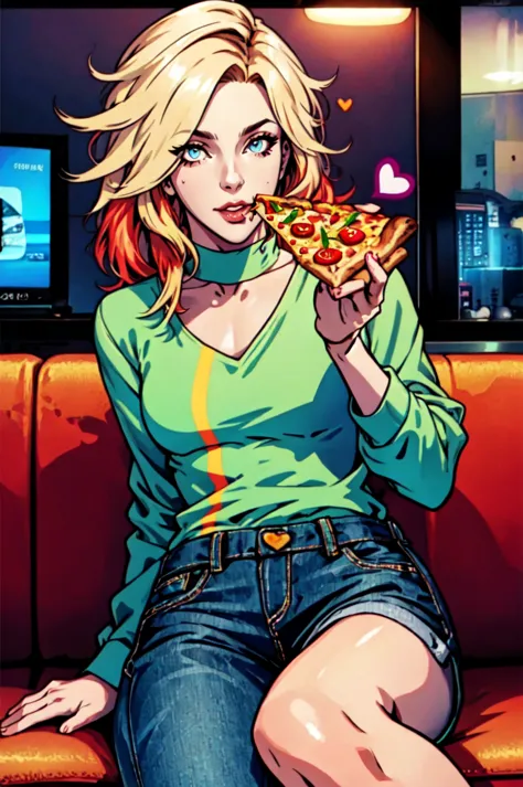 a woman sitting on a couch eating a slice of pizza