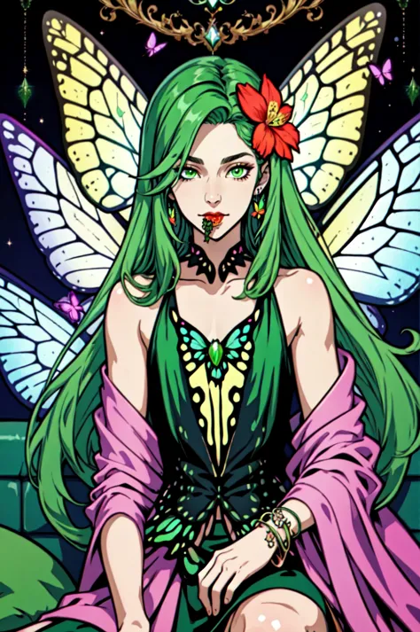 a cartoon picture of a fairy with green hair and a butterfly