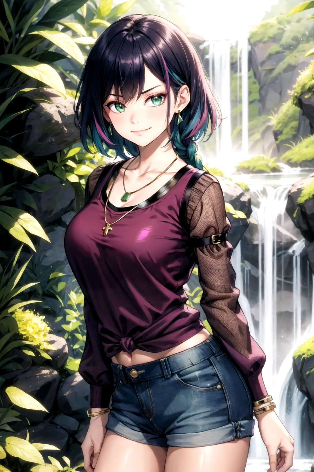 Anime girl with blue hair and purple shirt standing in front of a waterfall  - SeaArt AI