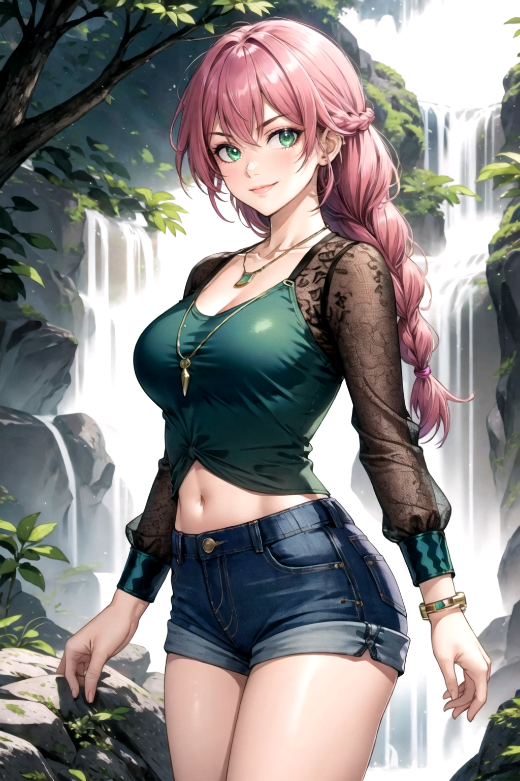 A woman with pink hair and blue shorts standing in front of a waterfall -  SeaArt AI