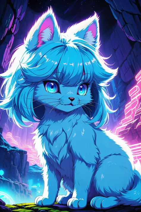 a cat with blue eyes sitting on a rock in front of a neon city