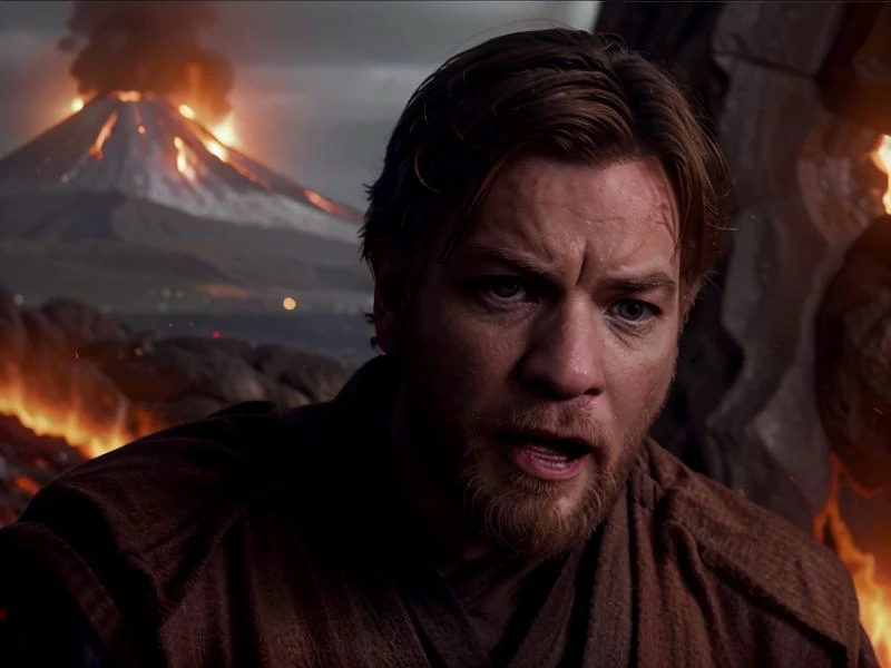 frame from blockbuster movie, The man screams in grief, dramatic, extremely emotional, open mouth, A desperate look, talking men, obi-wan, focus on face, looking at viewer, epic volcano lava scenery, black rocks, contrast red light of lava flame, dark scene, night, contrast, closeup face, (best quality:1.5), highly detailed, high resolution, realistic, hyper-realistic, photojournalistic style, real photography, obw man, Ewan McGregor, You were supposed to fight evil not join it open_mouth