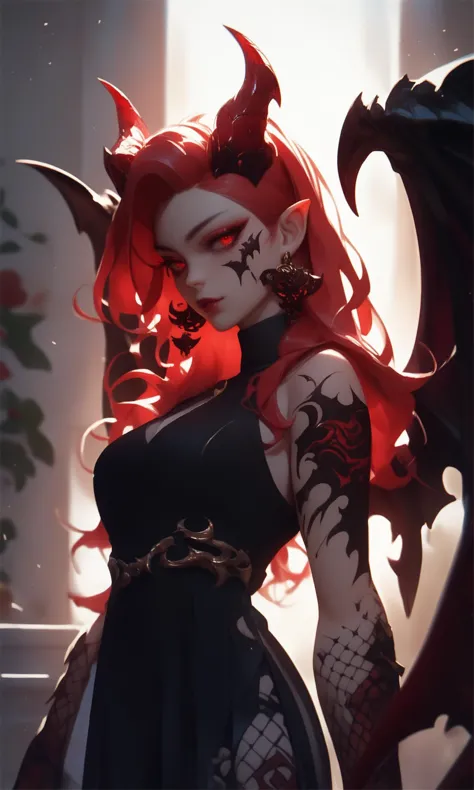 a close up of a woman with red hair and a demon costume