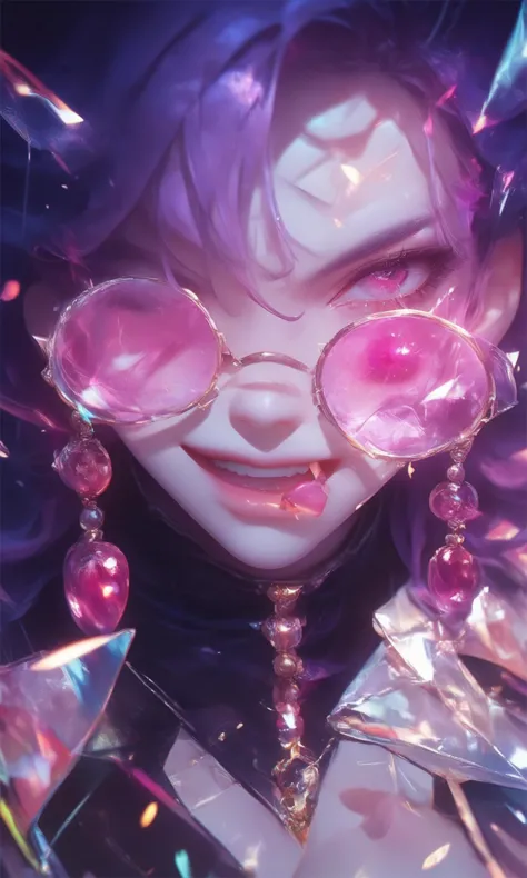 anime girl with purple hair and glasses with pink eyes