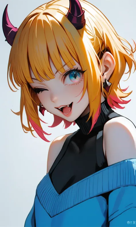 sscore_9,score_8_up,1girl,demon_horns,solo,upper_body,fang,blonde_hair,multicolored_hair,short_hair,roots_\(hair\),highres,:3,black_shirt,blue_eyes,blue_sweater,commentary,covered_collarbone,grey_background,long_sleeves,looking_at_viewer,memcho,nail_polish,off_shoulder,one_eye_closed,open_mouth,pink_nails,pointing_at_self,simple_background,sleeveless_shirt,,<lora:oshi_no_ko:1>,