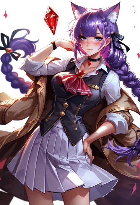 1girl, 
(score_9:1.1), (score_8_up:1.1), (score_7_up:1.1), animal ears, solo, long hair, blue eyes, white background, simple background, purple hair, brown coat, animal ear fluff, coat, white skirt, ascot, looking at viewer, choker, skirt, shirt, off shoulder, cat ears, black vest, white shirt, hand on own hip, vest, long sleeves, red ascot, braid, open clothes, ribbon, hair ribbon, blush, black choker, closed mouth, black ribbon, open coat, cat girl, pleated skirt, collared shirt, red gemstone, brooch, hair intakes, single sidelock, wing collar, single braid, gem, side braid, light smile, jewelry, hand up, gem \(azur lane\), sleeves rolled up, collarbone