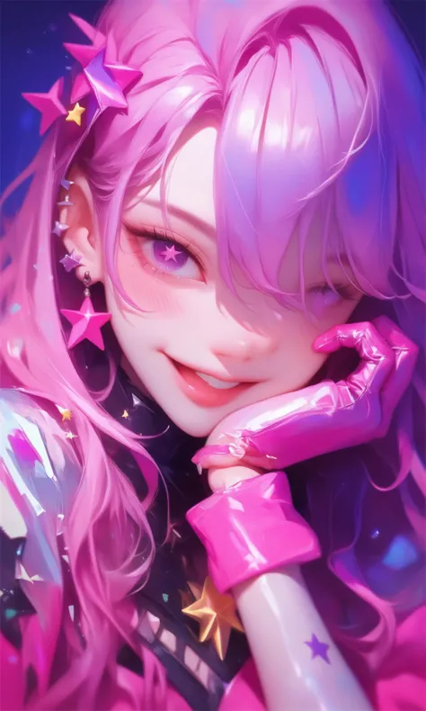 score_9,score_8_up,score_7_up,score_6_up,score_5_up,score_4_up,game cg,solo,upper_body,blush,smile,long_hair,purple_hair,which contrasts sharply with the luminosity reflected in the eye,rabbit_hair_ornament,absurdres,highres,battery_indicator,commentary_request,finger_frame,hair_between_eyes,idol_clothes,looking_at_viewer,(partially obscured by what appears to be shattered glass. The sharp fragments are scattered across the visage:1.2),open_mouth,pink_dress,pink_gloves,purple_eyes,star-shaped_pupils,star_in_eye,
(with some pieces resting delicately on the skin. The individual has a piercing gaze that is accentuated by the reflection in one eye of a bright:1.1),