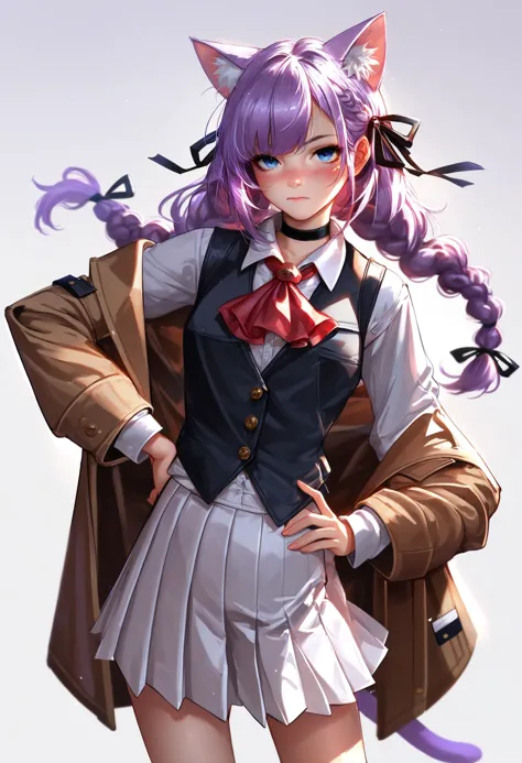 anime girl with purple hair and a cat ears and a school uniform