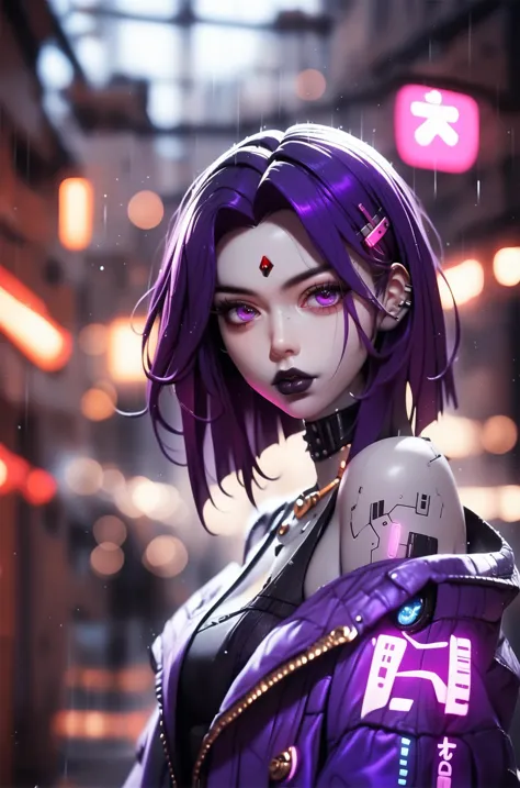 score_9, score_8_up, score_7_up, score_6_up, score_5_up, score_4_up, rating_safe, (masterpiece, detailed eyes, beautiful eyes, detailed background), (vibrant:0.8), cyber 3d, BREAK 1girl, Raven \(Teen Titans\), (android:1.1), solo, short hair, purple hair, colored eyes, (dark purple) eyes, (grey body, grey skin:1.3), black lipstick, science fiction, futuristic, cyberpunk attire, black|purple jacket, open jacket, (from side:0.7), looking at viewer, BREAK city background, (alley:1.1), debris, (fog:1.1), (neon lights:0.55), rain, (at night:1.2), glowy luminescence, depth of field, full body,  