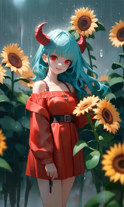 a close up of a woman in a red dress standing in front of sunflowers